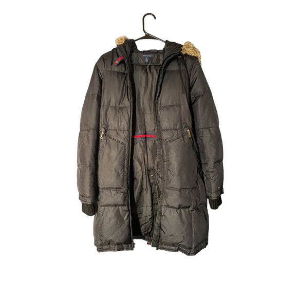 Tommy Hilfiger Black Long Down Blend Quilted Faux Fur Hooded Coat Women Sz S - Picture 13 of 14